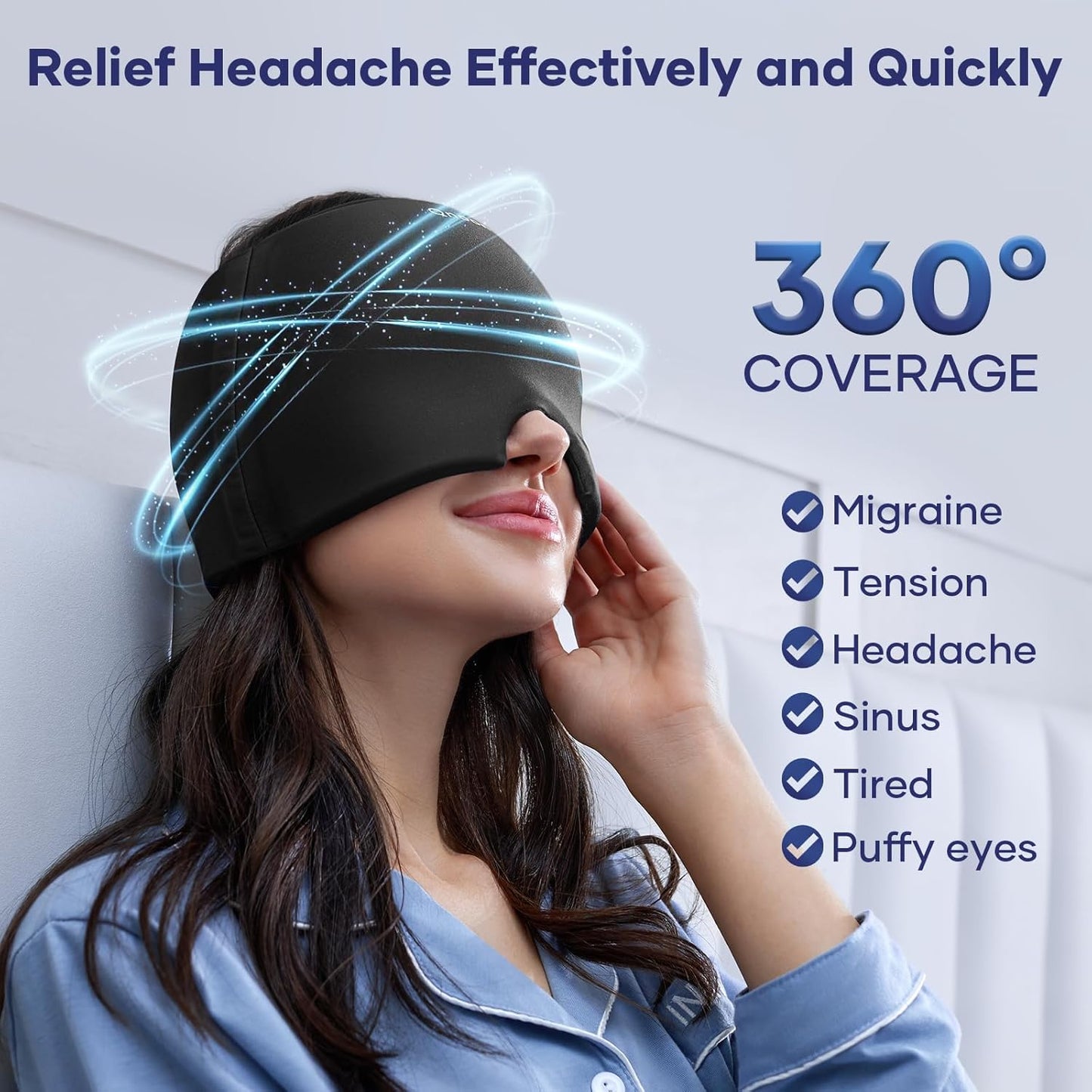 Migraine Relief Cap, Cooling Odorless Gel Ice Head Wrap for Tension, Stress, Hangover & Puffy Eyes