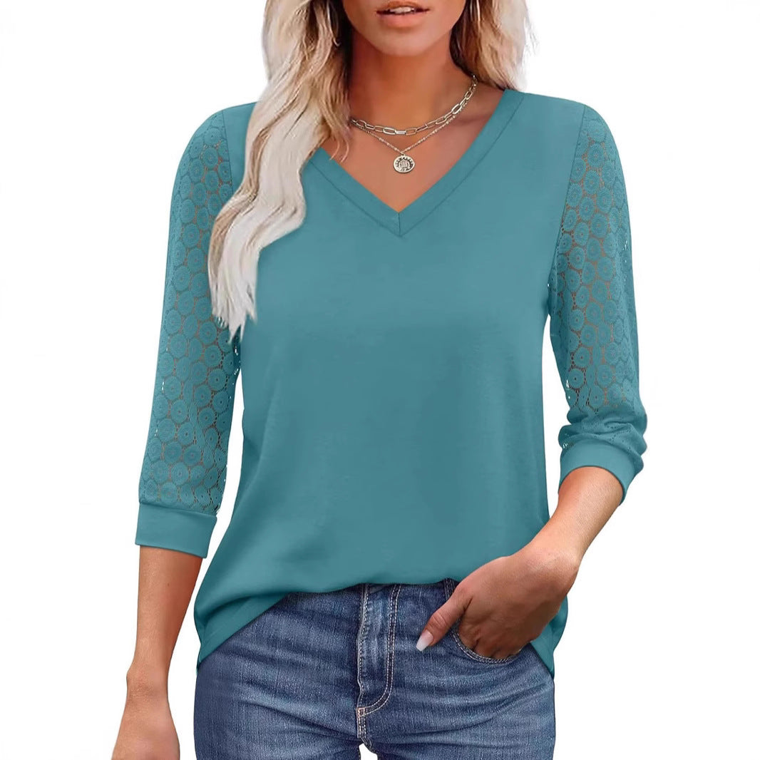 Womens V-Neck 3/4 Sleeve Lace Tunic – Business Casual Blouse