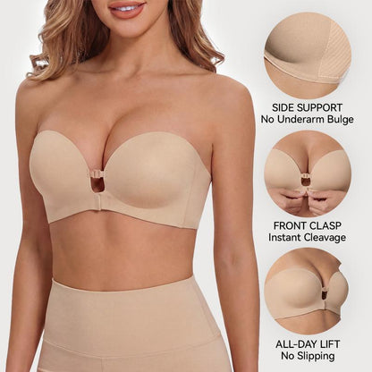 Women's Strapless Front Closure Push-Up Bra | Seamless Wireless Anti-Slip Lift Bra