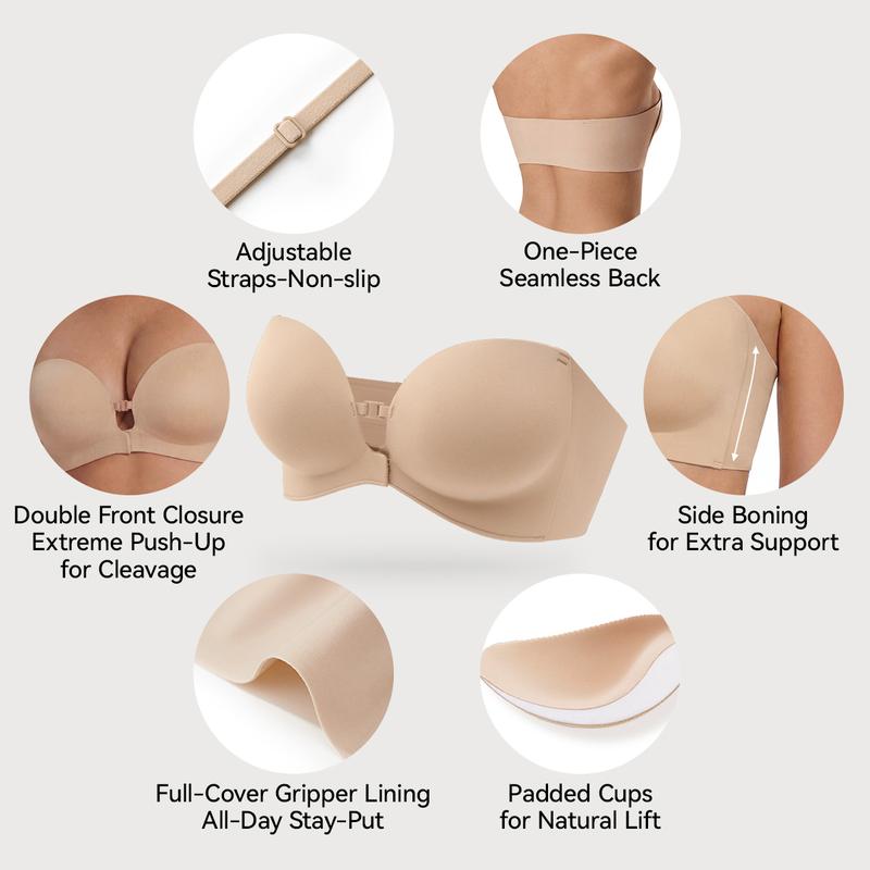 Women's Strapless Front Closure Push-Up Bra | Seamless Wireless Anti-Slip Lift Bra