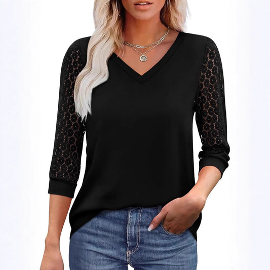 Womens V-Neck 3/4 Sleeve Lace Tunic – Business Casual Blouse