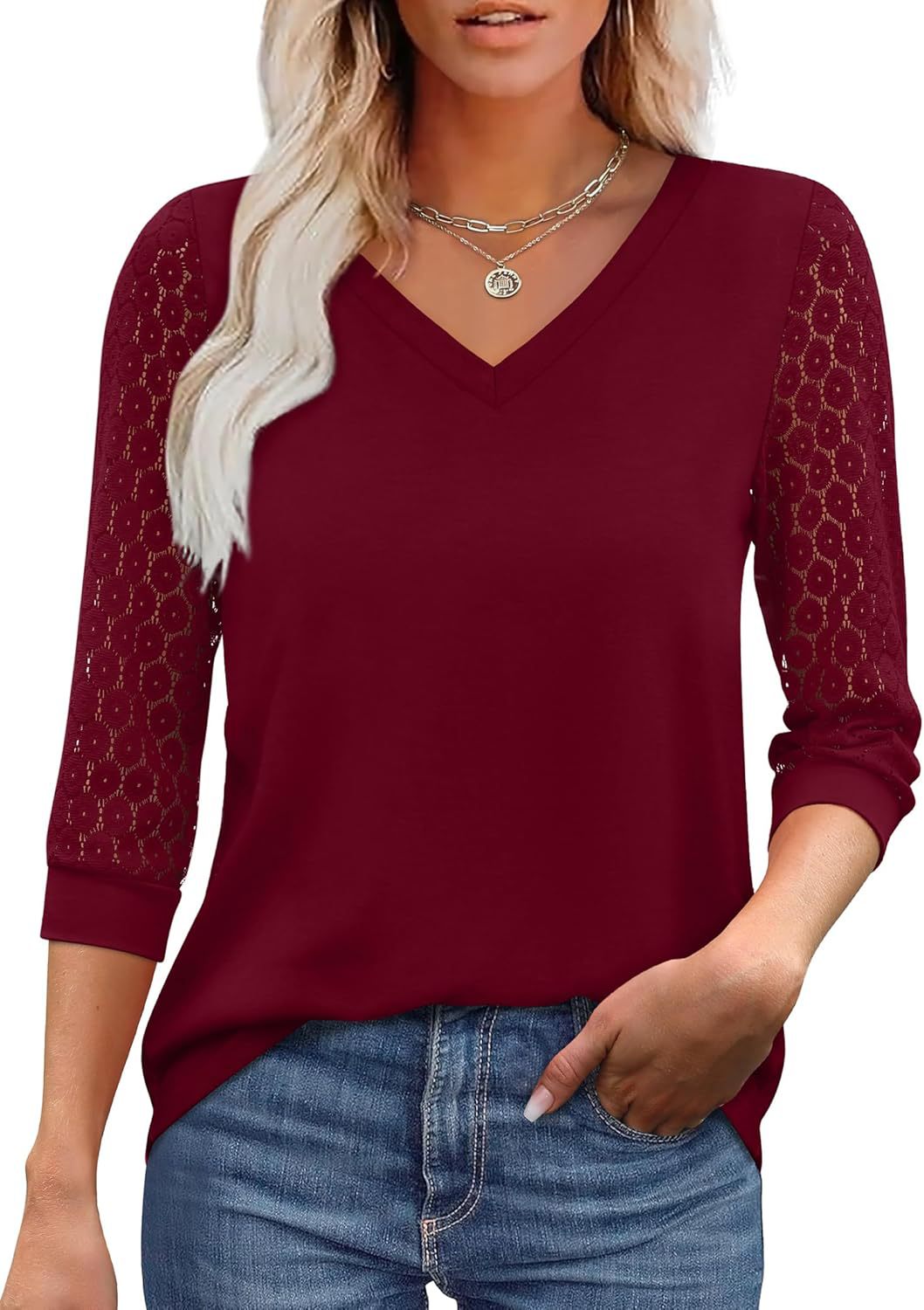 Womens V-Neck 3/4 Sleeve Lace Tunic – Business Casual Blouse