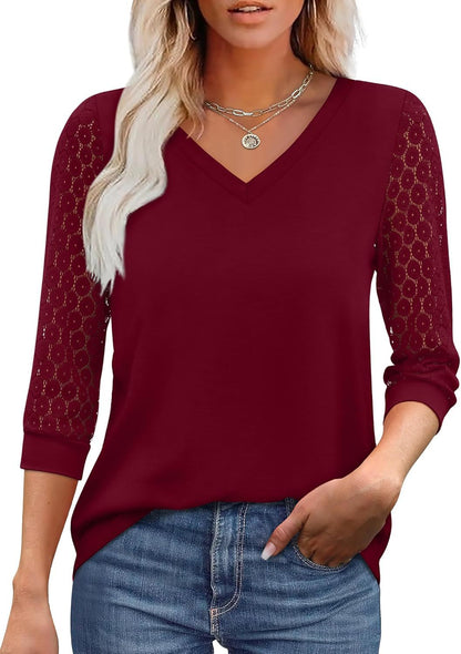 Womens V-Neck 3/4 Sleeve Lace Tunic – Business Casual Blouse