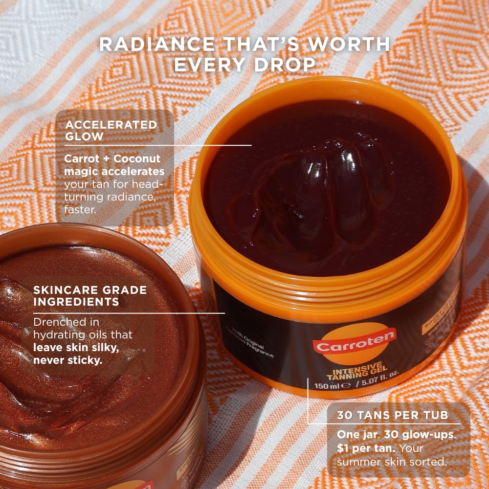 Intensive Tanning Gel | Browning Tan Accelerator | Non-Greasy, Water-Resistant with Carrot and Coconut Oil | Vitamin A & E For Moisture & Hydration | 5 Fl Oz