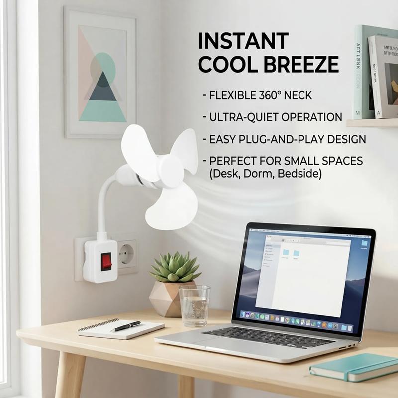 E27 Socket Fan With Plug Adapter – Mini Quiet Electric Fan with Flexible Gooseneck