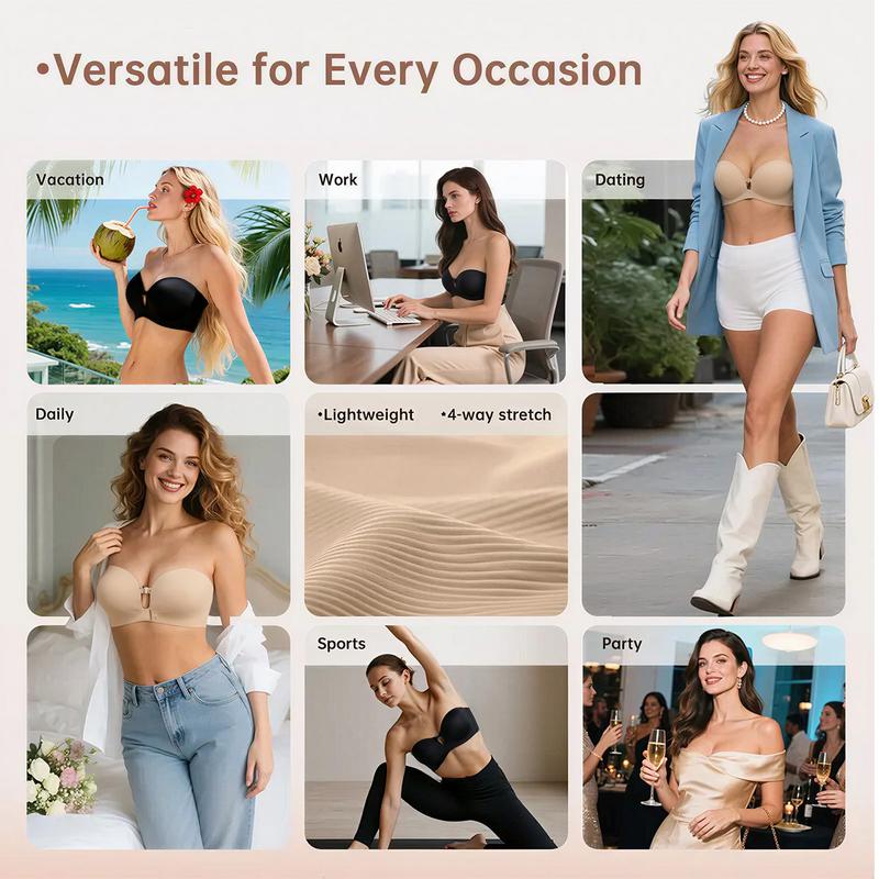 Women's Strapless Front Closure Push-Up Bra | Seamless Wireless Anti-Slip Lift Bra
