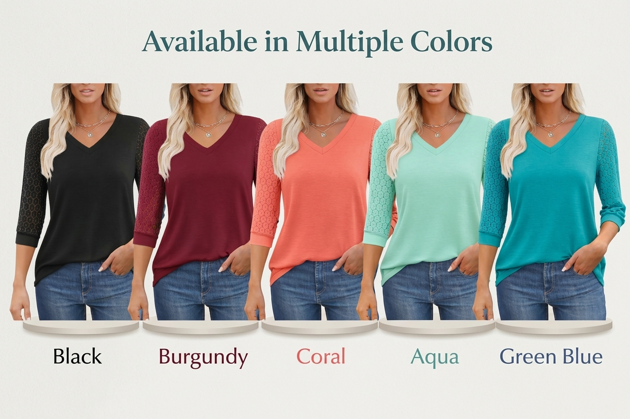 Womens V-Neck 3/4 Sleeve Lace Tunic – Business Casual Blouse