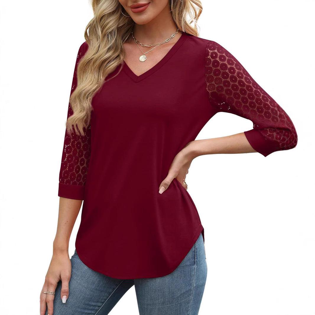 Womens V-Neck 3/4 Sleeve Lace Tunic – Business Casual Blouse