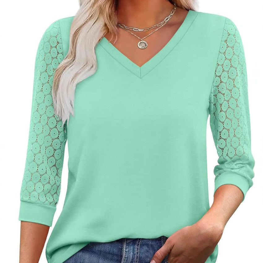 Womens V-Neck 3/4 Sleeve Lace Tunic – Business Casual Blouse